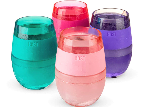 HOST Cooling Cup Set of 4 Double Wall Insulated Freezable Drink Chilling Tumbler with Freezing Gel, Glasses for Red and White Wine, 8.5 oz, Assorted Translucent Colors