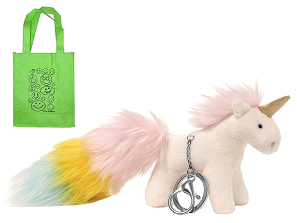 GUND Whimsical White Plush Unicorn Rainbow Poof Tail Keychain and Tote Gift Set