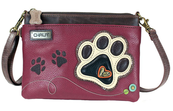 Chala Paw Print Dog Lovers Mini Crossbody Purse Cute Ivory & Maroon Handbag
