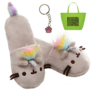 Pusheenicorn GUND Plush Slippers, Paw Keychain and Tote Bundle Set Grey