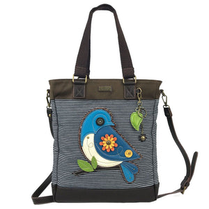 Chala Blue Bird Striped Denim Work Tote Bird Lovers Shoulder Bag