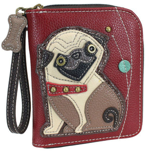 Chala Pug Zip Around Wallet Cute Burgundy Pug Dog Lovers Wallet