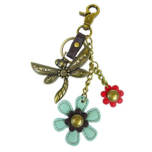 Chala Charming Keychain Dragonfly Teal Flower Purse Charm, Key Chain, Bag Charm, Key Fob